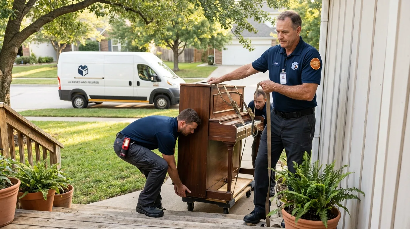 Licensed piano movers securing grand piano in Tulsa, OK