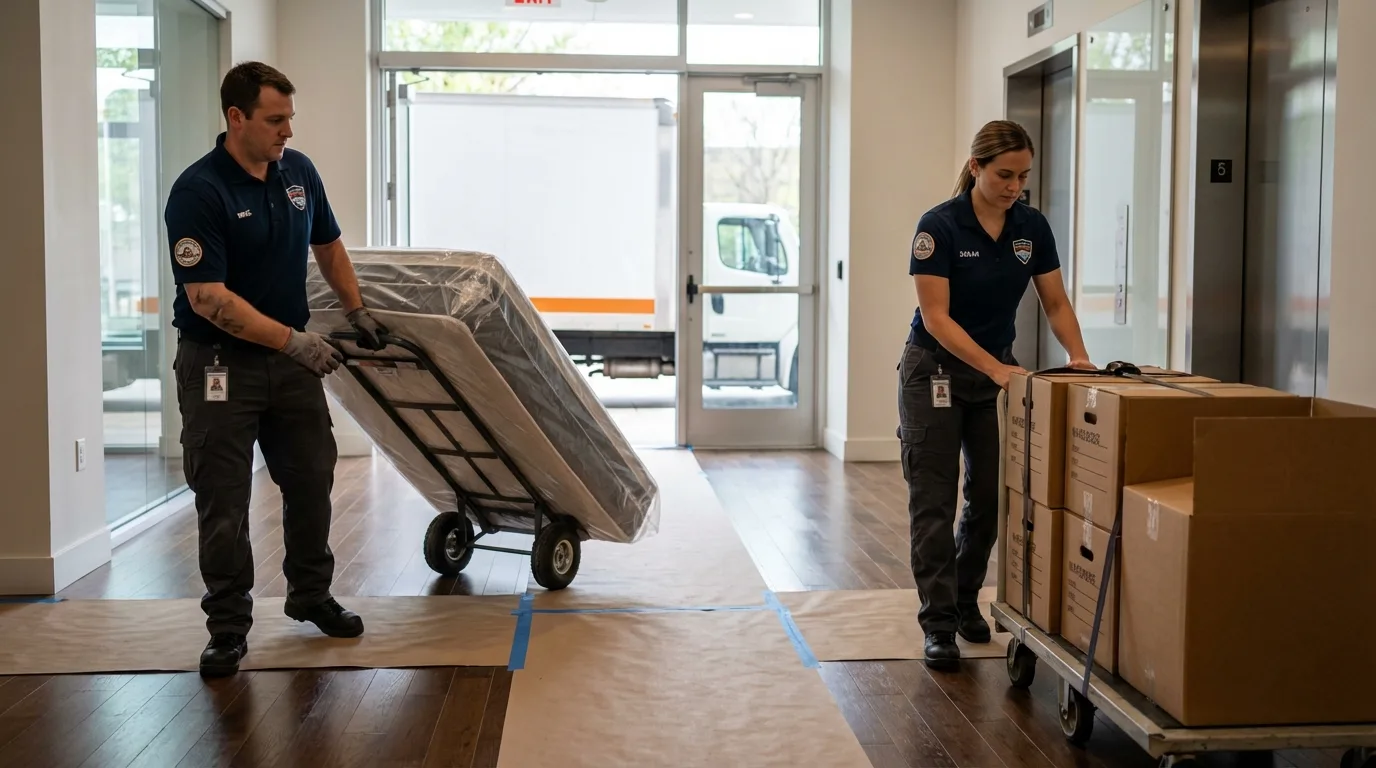 Professional apartment movers loading elevator in Tulsa, OK